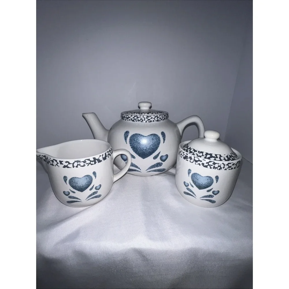 Corelle/ Jay Import Blue Heart Tea Pot Sugar & Creamer Set VTG 3 Piece